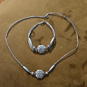 Sterling-Style Silver Tone Necklace and Bracelet Set - Floral Square Accent